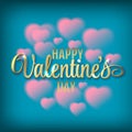 Hearts shaped clouds in the blue sky. Gold lettering. Valentines day illustration. Royalty Free Stock Photo