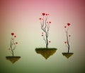 Hearts sprout trees growing on the flying rocks, love garden in the dreamland, fairy love tree garden, Royalty Free Stock Photo