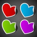 Hearts stickers multicolored vector realism. Red vibrant art with blue curled end. Romantic pastel green gradient for