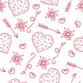 Decorative seamless texture with red hearts and Cupid arrows on a white background. Colorful vector illustration in Doodle style. Royalty Free Stock Photo