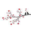 Hearts tree. Valentines day branch with red hearts and a cute pair of birds Royalty Free Stock Photo