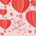 Happy valentines day typography vector illustration design with paper cut red heart shape origami made hot air balloons flying in Royalty Free Stock Photo