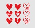 Red hearts vector logotypes set. Linear icons.