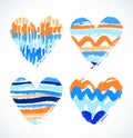 Hearts. Watercolor drawn symbol of love. Decorative striped hearts with different strokes.