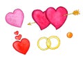 Hearts and wedding rings isolated on white background. Hand drawn watercolor illustration - set of elements. Perfect for wedding Royalty Free Stock Photo
