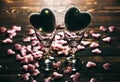 Hearts with wine glasses. Romantics love concept. Festive background. Valentines day postcard. Lights and lamps