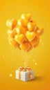 Heartshaped Balloons Gift Box Lemon Yellow Birth Day Celebration Greeting Card Design. Generative AI Royalty Free Stock Photo