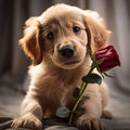 Adorable Image of a Playful Puppy with a Rose