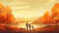 Heartwarming autumn forest illustration of a father and daughter bonding