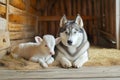 Heartwarming Bond Between Husky and Young Calf on a Farm. Royalty Free Stock Photo