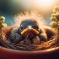 Close-up of baby chick sitting in pot plant nest