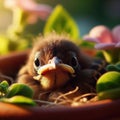 Close-up of baby chick sitting in pot plant nest Royalty Free Stock Photo