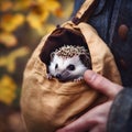 Adorable Hedgehog in a Cozy Autumnal Pocket Held Gently Outdoors AI generated. Royalty Free Stock Photo