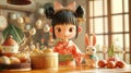 A heartwarming 3D illustration of a cute animated girl in traditional attire with a little bunny in a sunlit, cozy kitchen Royalty Free Stock Photo