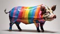 A pig with a pink piglet is painted with colored paints.