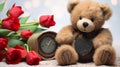 The heartwarming essence of a close-up shot, showcasing a fluffy brown teddy bear against St Valentine Day.