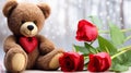 The heartwarming essence of a close-up shot, showcasing a fluffy brown teddy bear against St Valentine Day.