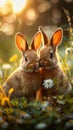 Heartwarming family Baby rabbits nestle close in a sun kissed meadow