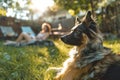 A heartwarming family scene in the backyard featuring a joyful golden retriever and blurred family members in the background.