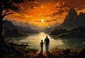 A heartwarming father-son moment captured against a beautiful sunset backdrop Royalty Free Stock Photo