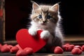 Heartwarming feline love A kitten cuddling a heart a scene of pure cuteness