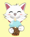 cute little white cat drinking boba with smiling happy face