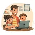 A heartwarming illustration of a father with his children, all engrossed in a computer screen, portraying family bonding
