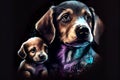 A heartwarming illustration of a mother dog and her puppy, depicted against a dark background, showcasing their bond and