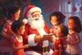 Heartwarming illustration of Santa Claus sharing a moment with children from different cultural