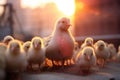 Sunset Glow on a Flock of Cute Baby Chicks, AI Generated Royalty Free Stock Photo