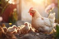 Mother Hen with Chicks at Sunset on Farm, AI Generated