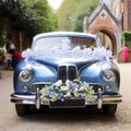 Timeless Romance: Classic Wedding Car with \'Just Married\' Plate and Flower Decorations Royalty Free Stock Photo