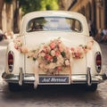 Timeless Romance: Classic Wedding Car with \'Just Married\' Plate and Flower Decorations Royalty Free Stock Photo