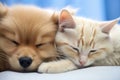 Heartwarming image of cat and dog peacefully sleeping side by side on cozy bed. Perfect for illustrating bond and friend Royalty Free Stock Photo