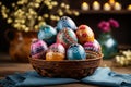 Heartwarming image of child holding easter basket with traditional easter bread and colorful eggs