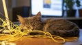 Adorable Gray Cat Napping on Desk Amidst Yellow Cables Royalty Free Stock Photo