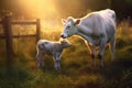 A heartwarming image of a mother cow nuzzling her calf in a serene farm setting, emphasizing the nurturing and family-oriented