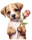 A heartwarming image of a puppy delicately holding a peach fuzz rose, conveying love and tenderness, watercolour clipart Royalty Free Stock Photo