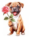 A heartwarming image of a puppy delicately holding a pink rose, conveying love and tenderness, watercolour clipart