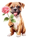 A heartwarming image of a puppy delicately holding a pink rose, conveying love and tenderness, watercolour clipart