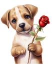 A heartwarming image of a puppy delicately holding a red rose, conveying love and tenderness, watercolour clipart