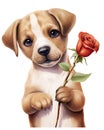 A heartwarming image of a puppy delicately holding a red rose, conveying love and tenderness, watercolour clipart