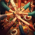 AI-Generated Image: Group of Friends Stacking Hands Over Dinner Royalty Free Stock Photo