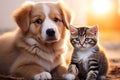 Heartwarming interaction Isolated shot of a cat and Labrador meeting Royalty Free Stock Photo