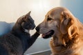 A heartwarming moment between a gray cat and golden retriever, radiating love and friendship
