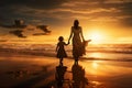 Heartwarming Moment of Woman Holding Hands with Young Children on Picturesque Beach during Golden Sunset. Generative Ai
