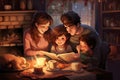 A heartwarming painting capturing a close-knit family as they come together to enjoy a reading session, A warm and cozy family