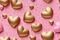 A heartwarming pattern of 3D golden hearts on a pastel pink background, perfect for themes of love, Valentine's Day