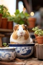 Adorable Guinea Pig in Cozy Blue Polka-Dot Bed on Rustic Wooden Floor