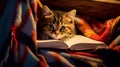 Cozy photo of a kitten reading a book